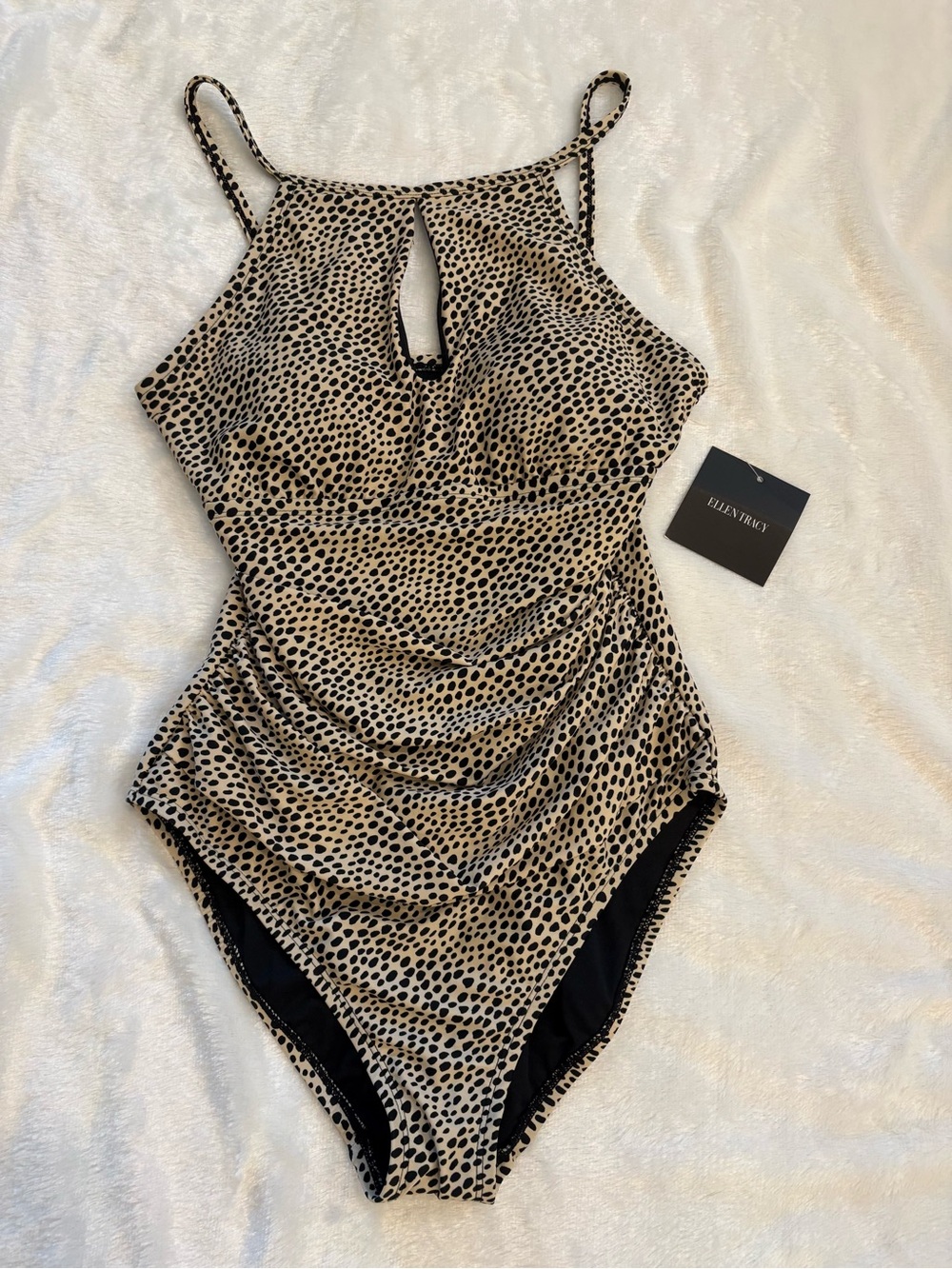Ellen Tracy Beige and Black Halter One-Piece Swimsuit with Keyhole